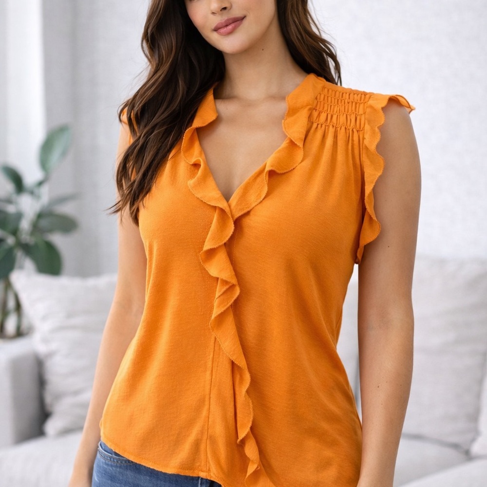 M.S.P.P. Mustard Ruffle Sleeveless Blouse | XL | Flowy Smocked Detail